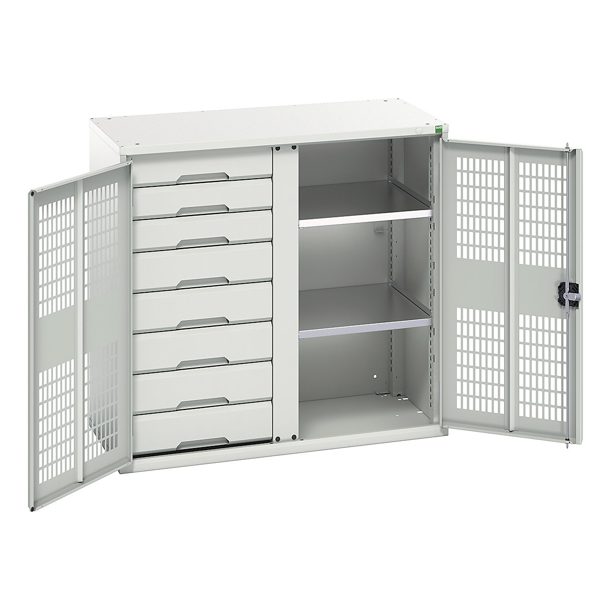 Bott Verso Workshop PPE Cupboards, Bott Verso Workshop PPE Cupboards, Bott Verso Workshop PPE Cupboards | 1000h x 1050w x 550d mm | 2 Shelves | 8 Drawers | Ventilated Doors | Light Grey-0