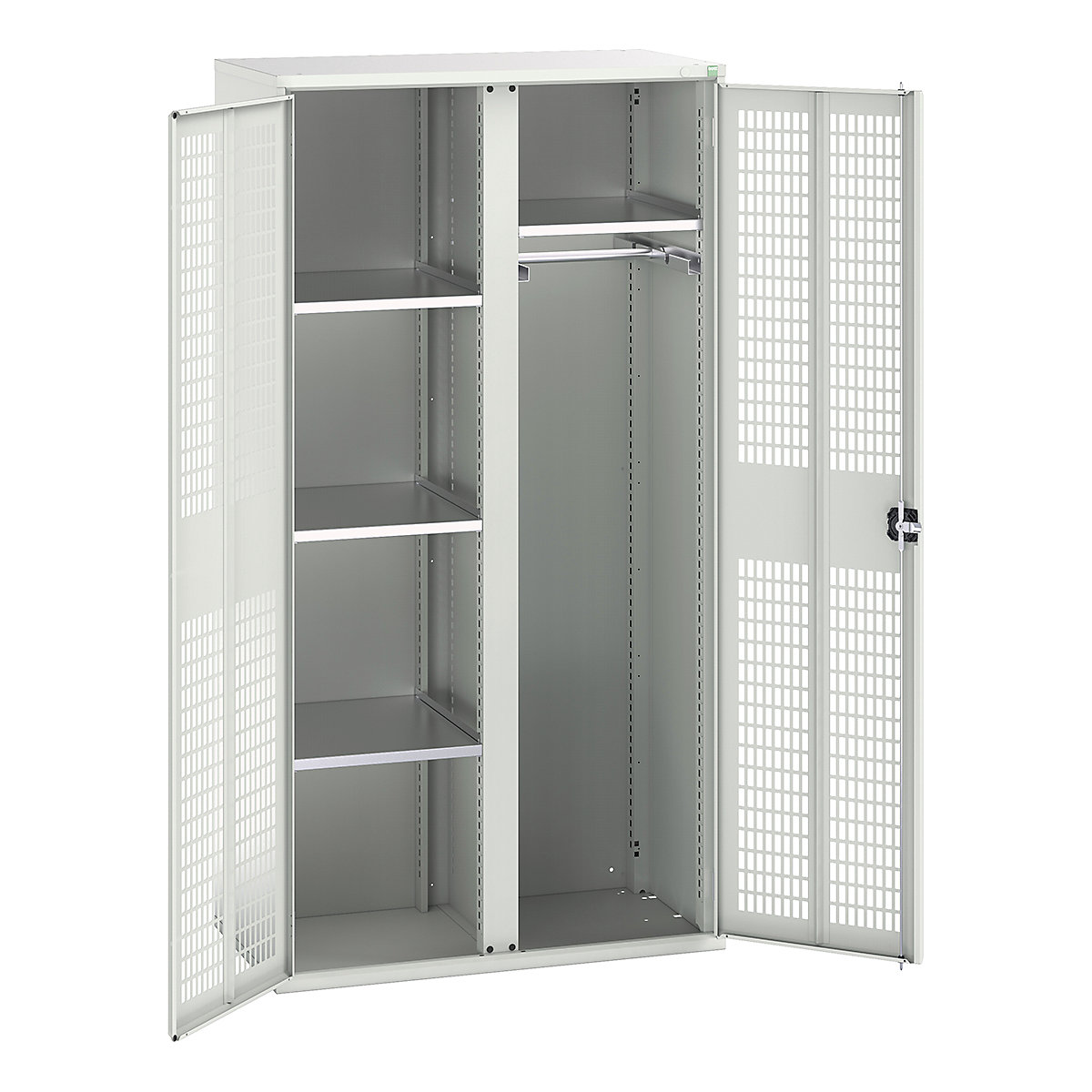 Bott Verso Workshop PPE Cupboards, Bott Verso Workshop PPE Cupboards, Bott Verso Workshop PPE Cupboards | 2000h x 1050w x 550d mm | 4 Shelves | 1 Rail | Ventilated Doors | Light Grey-0