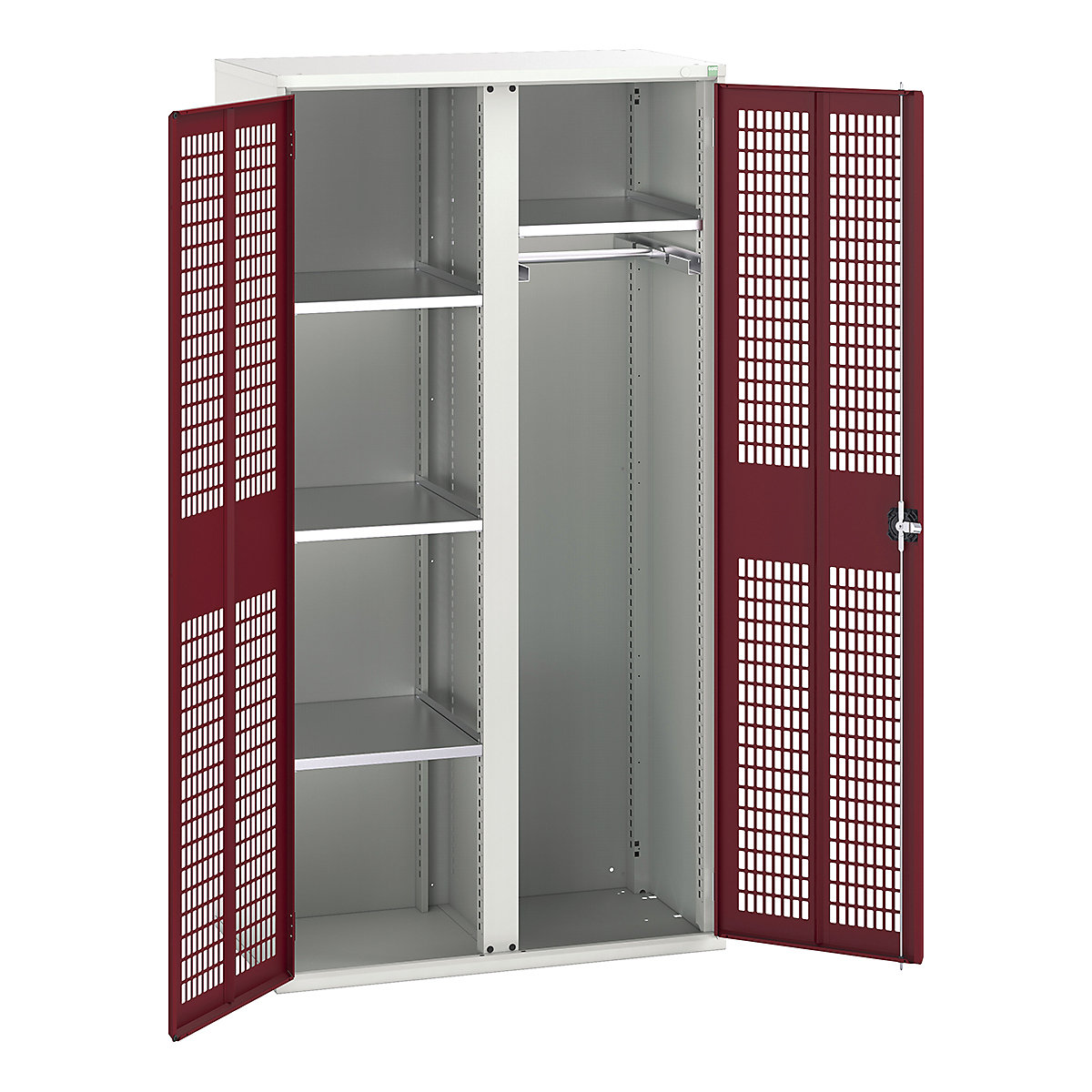 Bott Verso Workshop PPE Cupboards, Bott Verso Workshop PPE Cupboards, Bott Verso Workshop PPE Cupboards | 2000h x 1050w x 550d mm | 4 Shelves | 1 Rail | Ventilated Doors | Red-0