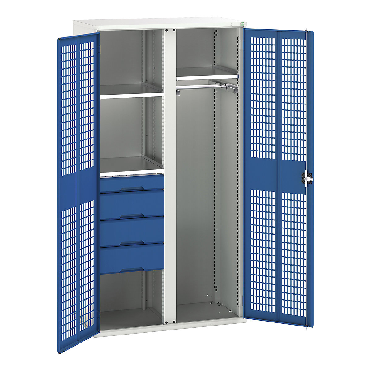 Bott Verso Workshop PPE Cupboards, Bott Verso Workshop PPE Cupboards, Bott Verso Workshop PPE Cupboards | 2000h x 1050w x 550d mm | 3 Shelves | 4 Drawers | 1 Rail | Ventilated Doors | Blue-0