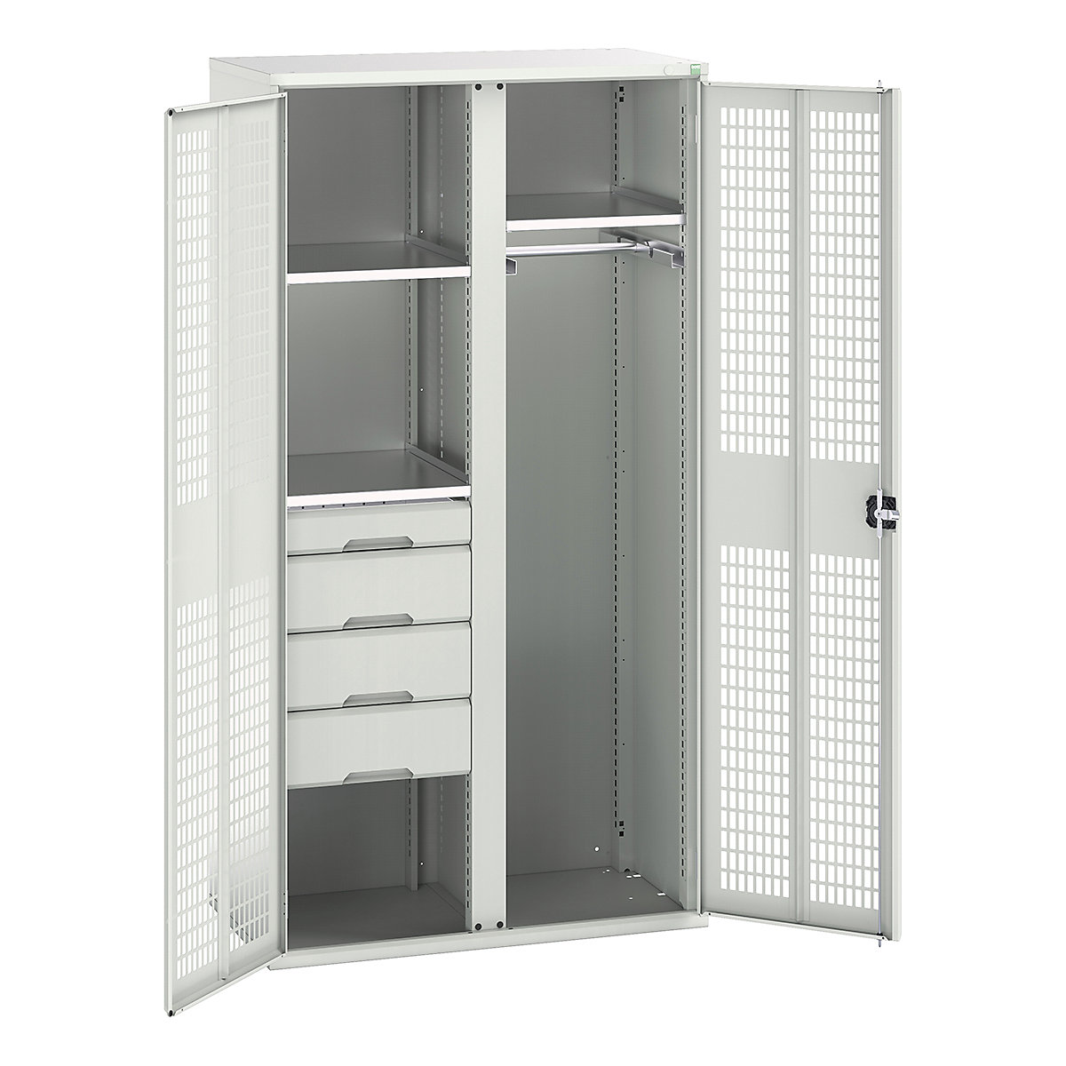 Bott Verso Workshop PPE Cupboards, Bott Verso Workshop PPE Cupboards, Bott Verso Workshop PPE Cupboards | 2000h x 1050w x 550d mm | 3 Shelves | 4 Drawers | 1 Rail | Ventilated Doors | Light Grey-0