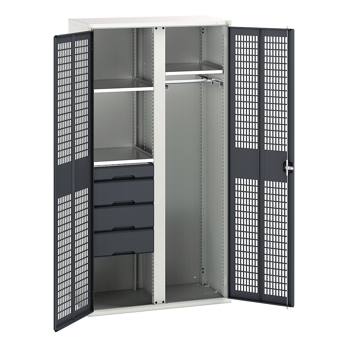Bott Verso Workshop PPE Cupboards, Bott Verso Workshop PPE Cupboards, Bott Verso Workshop PPE Cupboards | 2000h x 1050w x 550d mm | 3 Shelves | 4 Drawers | 1 Rail | Ventilated Doors | Anthracite Grey-0