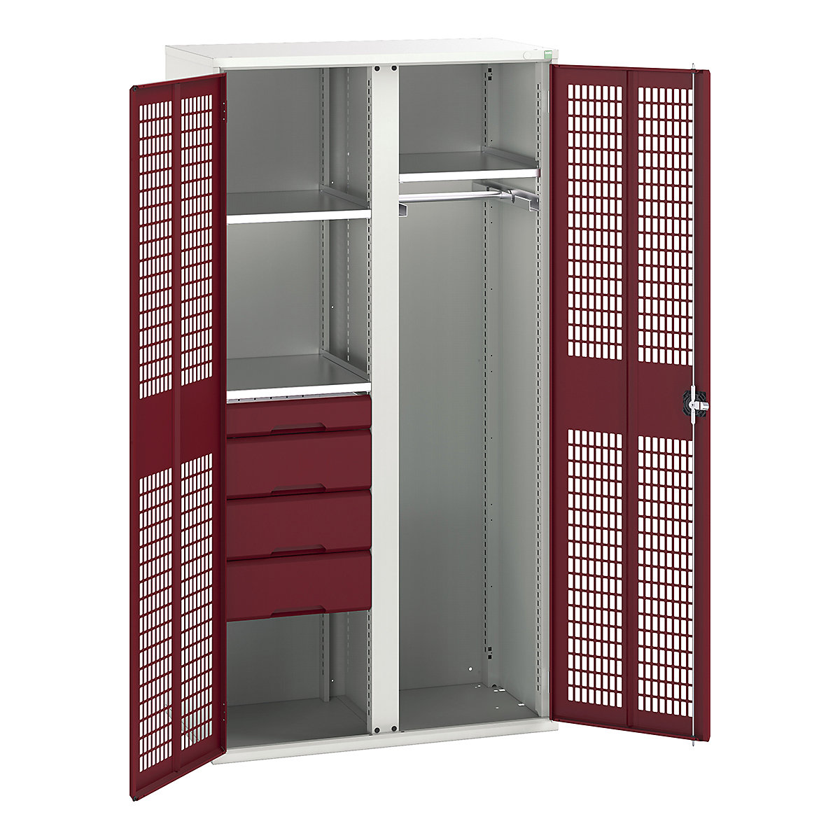 Bott Verso Workshop PPE Cupboards, Bott Verso Workshop PPE Cupboards, Bott Verso Workshop PPE Cupboards | 2000h x 1050w x 550d mm | 3 Shelves | 4 Drawers | 1 Rail | Ventilated Doors | Red-0