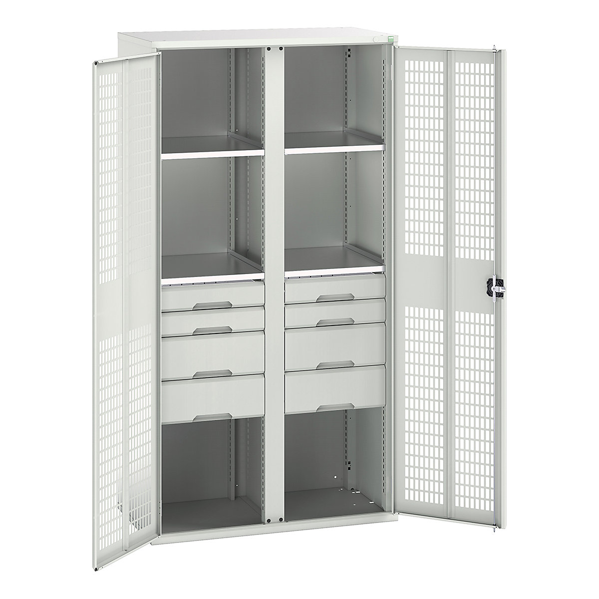 Bott Verso Workshop PPE Cupboards, Bott Verso Workshop PPE Cupboards, Bott Verso Workshop PPE Cupboards | 2000h x 1050w x 550d mm | 4 Shelves | 8 Drawers | Ventilated Doors | Light Grey-0