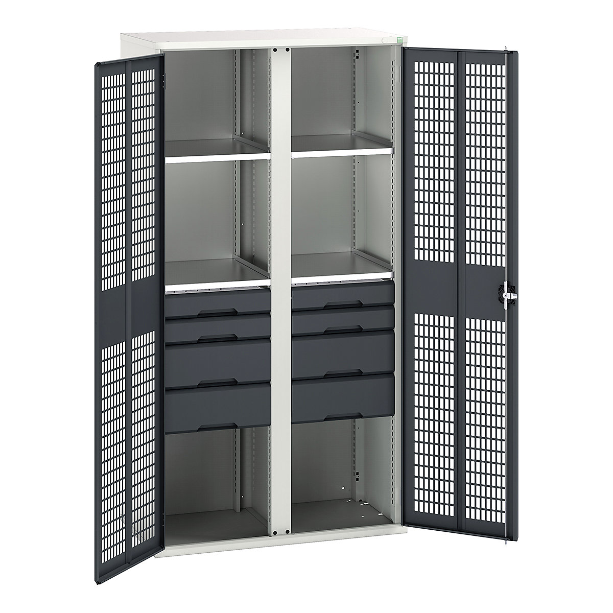 Bott Verso Workshop PPE Cupboards, Bott Verso Workshop PPE Cupboards, Bott Verso Workshop PPE Cupboards | 2000h x 1050w x 550d mm | 4 Shelves | 8 Drawers | Ventilated Doors | Anthracite Grey-0