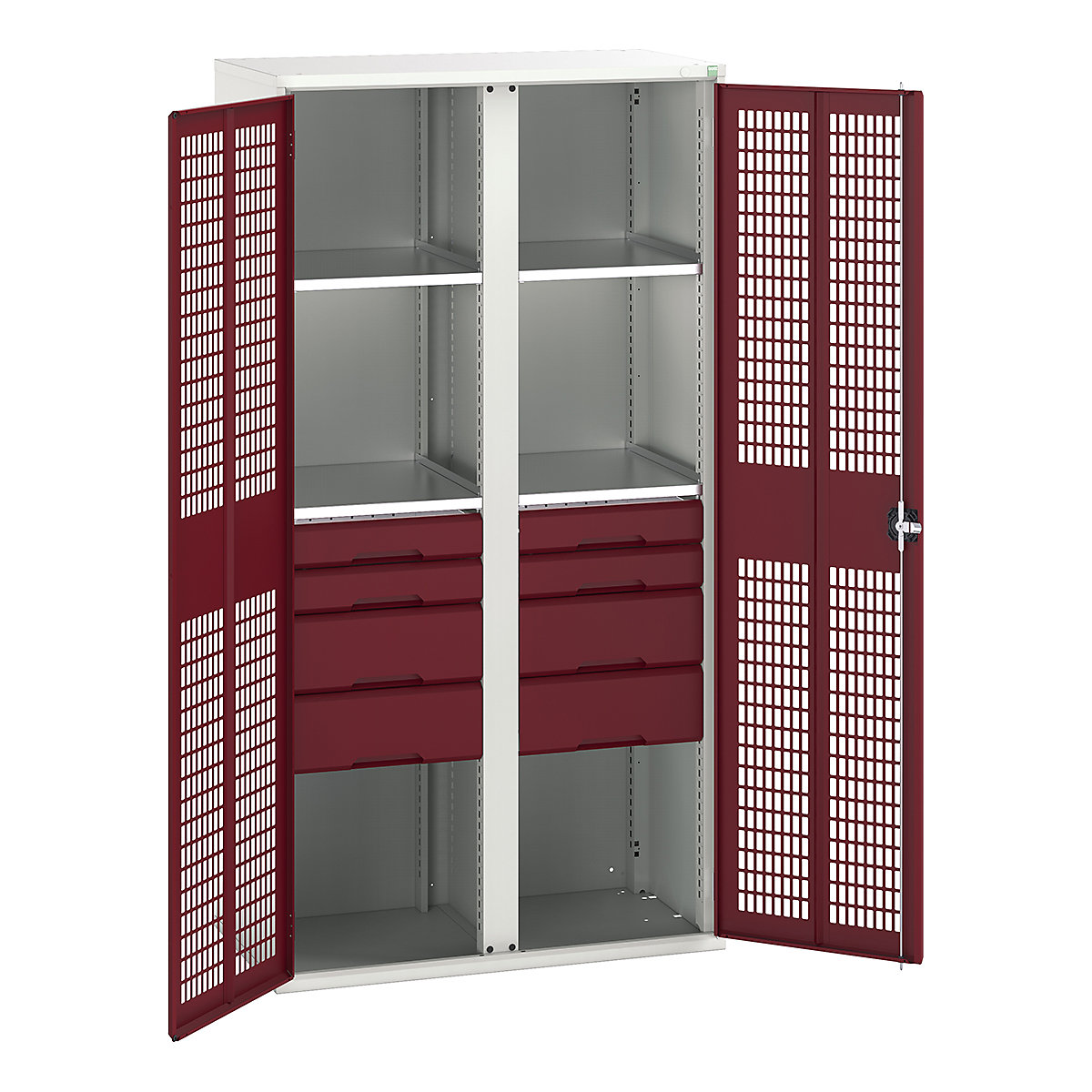 Bott Verso Workshop PPE Cupboards, Bott Verso Workshop PPE Cupboards, Bott Verso Workshop PPE Cupboards | 2000h x 1050w x 550d mm | 4 Shelves | 8 Drawers | Ventilated Doors | Red-0