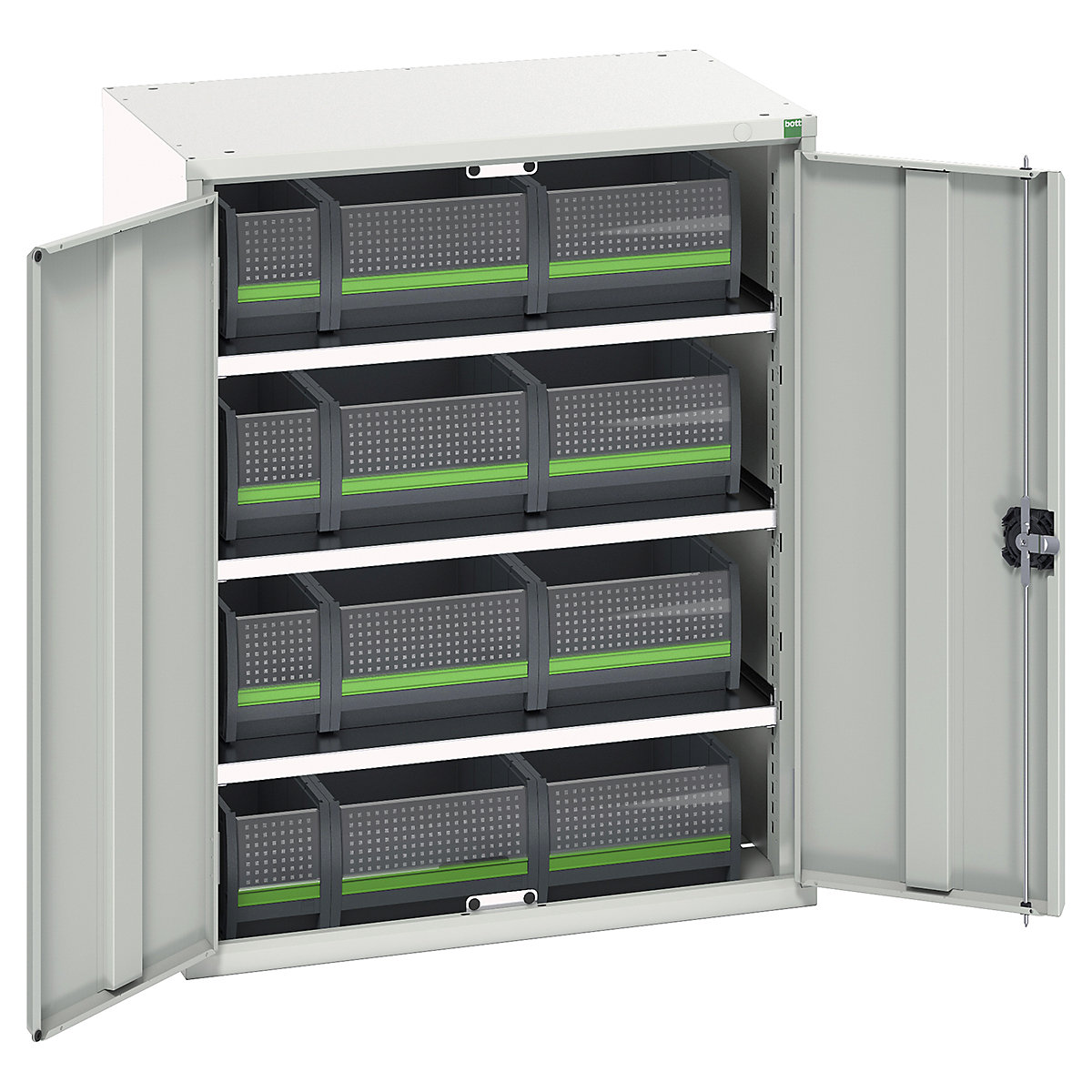 Bott Verso bottBox Cupboard Kits, Bott Verso bottBox Cupboard Kits, Bott Verso bottBox Cupboard Kits | 1000h x 800w x 550d mm | 3 Shelves | 12 Boxes: 4x 130w x 298d x 165h, 8x 265w x 398d x 165h | Light Grey-0