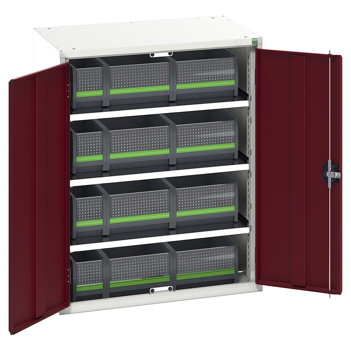 Bott Verso bottBox Cupboard Kits, Bott Verso bottBox Cupboard Kits, Bott Verso bottBox Cupboard Kits | 1000h x 800w x 550d mm | 3 Shelves | 12 Boxes: 4x 130w x 298d x 165h, 8x 265w x 398d x 165h | Red-0
