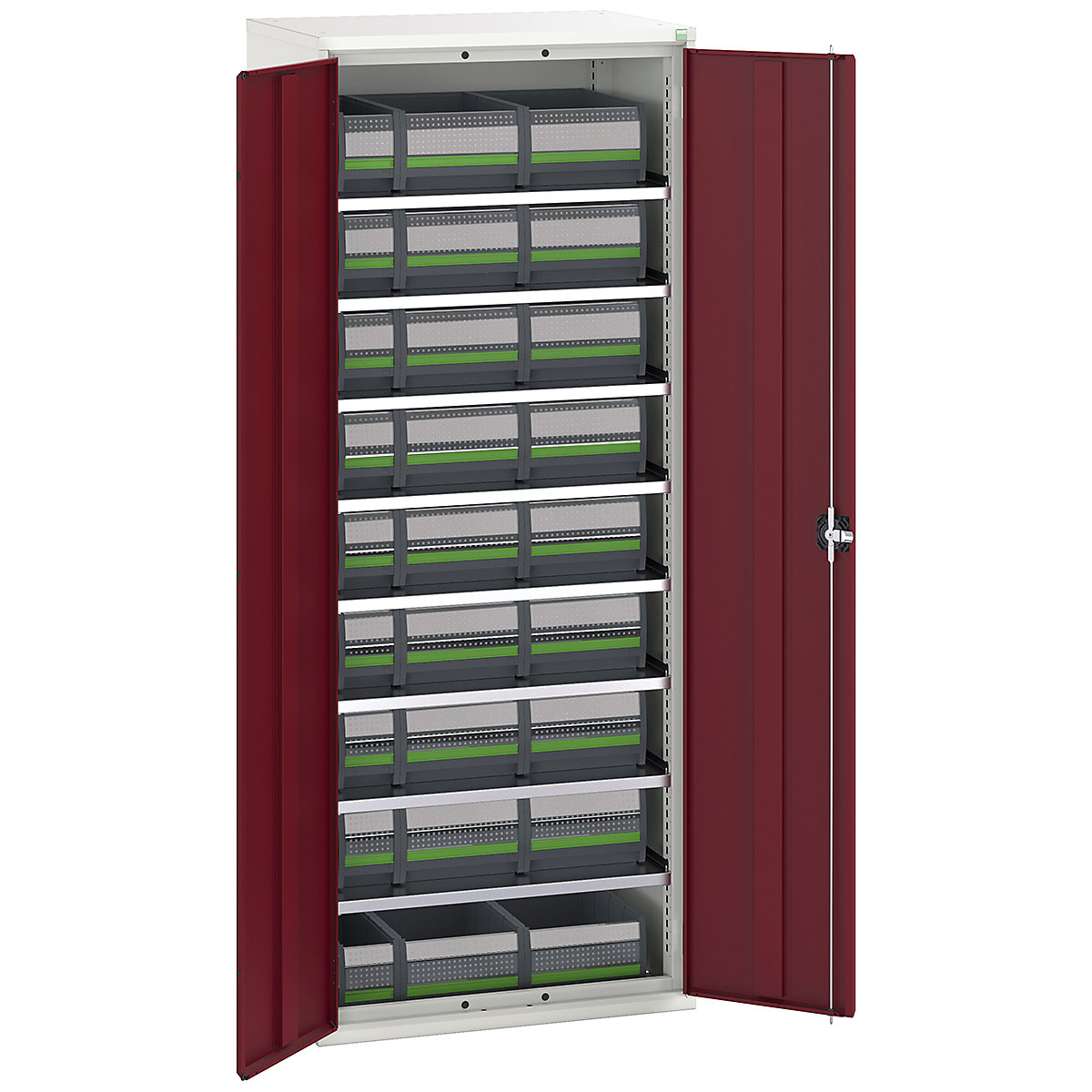 Bott Verso bottBox Cupboard Kits, Bott Verso bottBox Cupboard Kits, Bott Verso bottBox Cupboard Kits | 2000h x 800w x 550d mm | 8 Shelves | 27 Boxes: 9x 130w x 298d x 165h, 18x 265w x 398d x 165h | Red-0