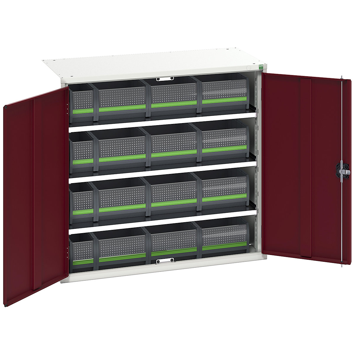 Bott Verso bottBox Cupboard Kits, Bott Verso bottBox Cupboard Kits, Bott Verso bottBox Cupboard Kits | 1000h x 1050w x 550d mm | 3 Shelves | 16 Boxes: 4x 130w x 298d x 165h, 12x 265w x 398d x 165h | Red-0