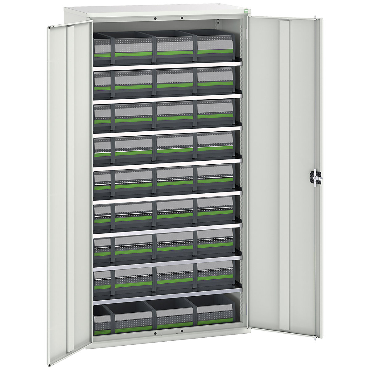 Bott Verso bottBox Cupboard Kits, Bott Verso bottBox Cupboard Kits, Bott Verso bottBox Cupboard Kits | 2000h x 1050w x 550d mm | 8 Shelves | 36 Boxes: 9x 130w x 298d x 165h, 27x 265w x 398d x 165h | Light Grey-0