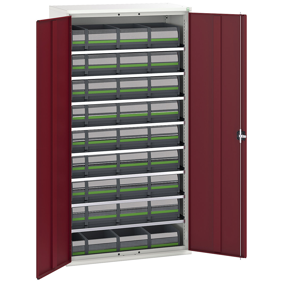 Bott Verso bottBox Cupboard Kits, Bott Verso bottBox Cupboard Kits, Bott Verso bottBox Cupboard Kits | 2000h x 1050w x 550d mm | 8 Shelves | 36 Boxes: 9x 130w x 298d x 165h, 27x 265w x 398d x 165h | Red-0