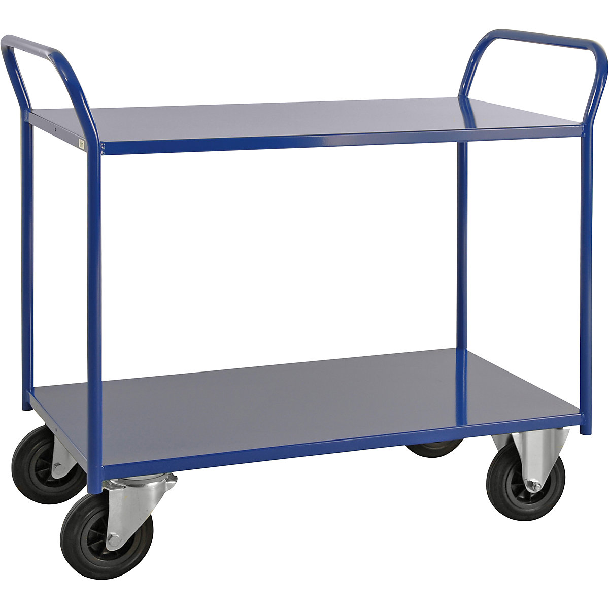KM41 table trolley – Kongamek, 2 shelves, LxWxH 1080 x 450 x 975 mm, blue, 2 swivel castors with stops, 2 fixed castors, 5+ items-5