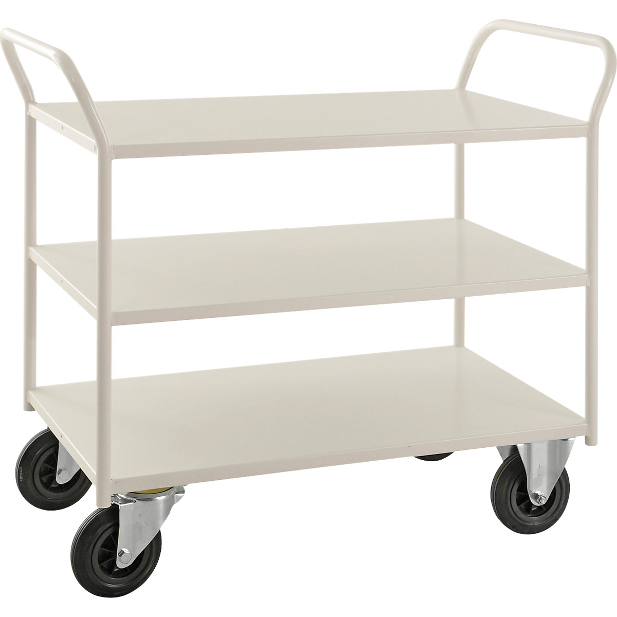 KM41 table trolley – Kongamek, 3 shelves with raised edges, LxWxH 1070 x 550 x 1000 mm, white, 2 swivel castors with stops, 2 fixed castors, 5+ items-2