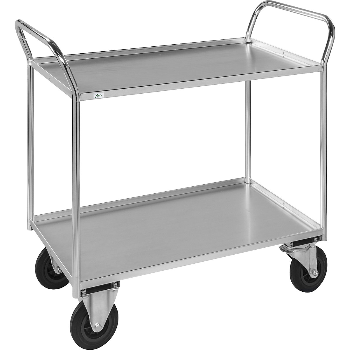 KM41 table trolley – Kongamek, 2 shelves with raised edges, LxWxH 1070 x 550 x 1000 mm, zinc plated, 2 swivel castors with stops, 2 fixed castors, 5+ items-1