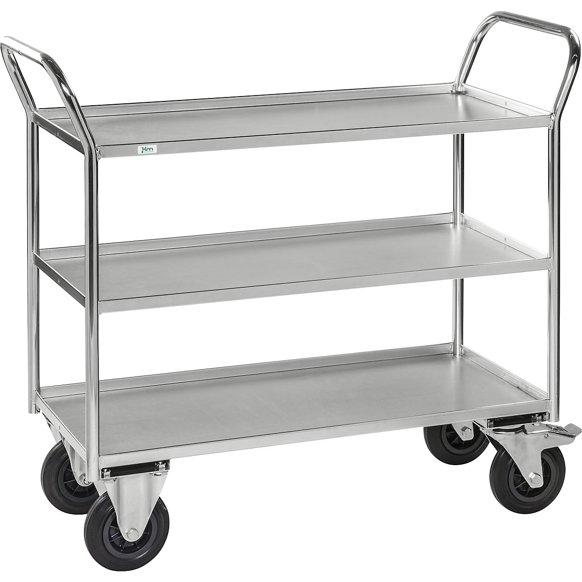KM41 table trolley – Kongamek, 3 shelves with raised edges, LxWxH 1080 x 450 x 1000 mm, zinc plated, 2 swivel castors with stops, 2 fixed castors, 5+ items-6