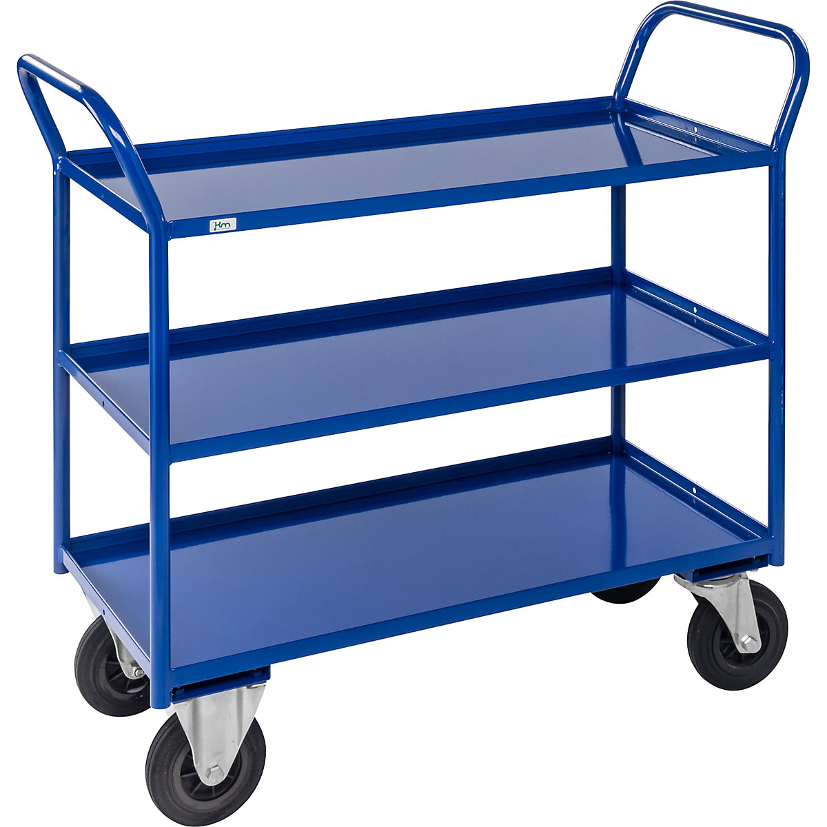 KM41 table trolley – Kongamek, 3 shelves with raised edges, LxWxH 1080 x 450 x 1000 mm, blue, 2 swivel castors with stops, 2 fixed castors, 5+ items-3