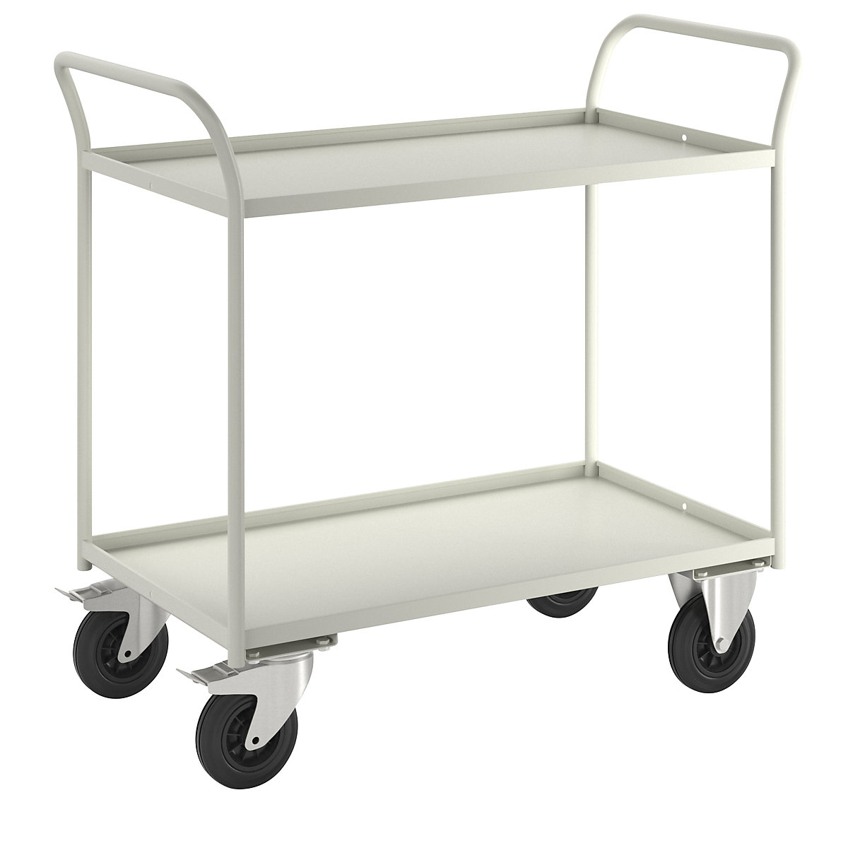 KM41 table trolley – Kongamek, 2 shelves with raised edges, LxWxH 1070 x 550 x 1000 mm, white, 2 swivel castors with stops, 2 fixed castors-7