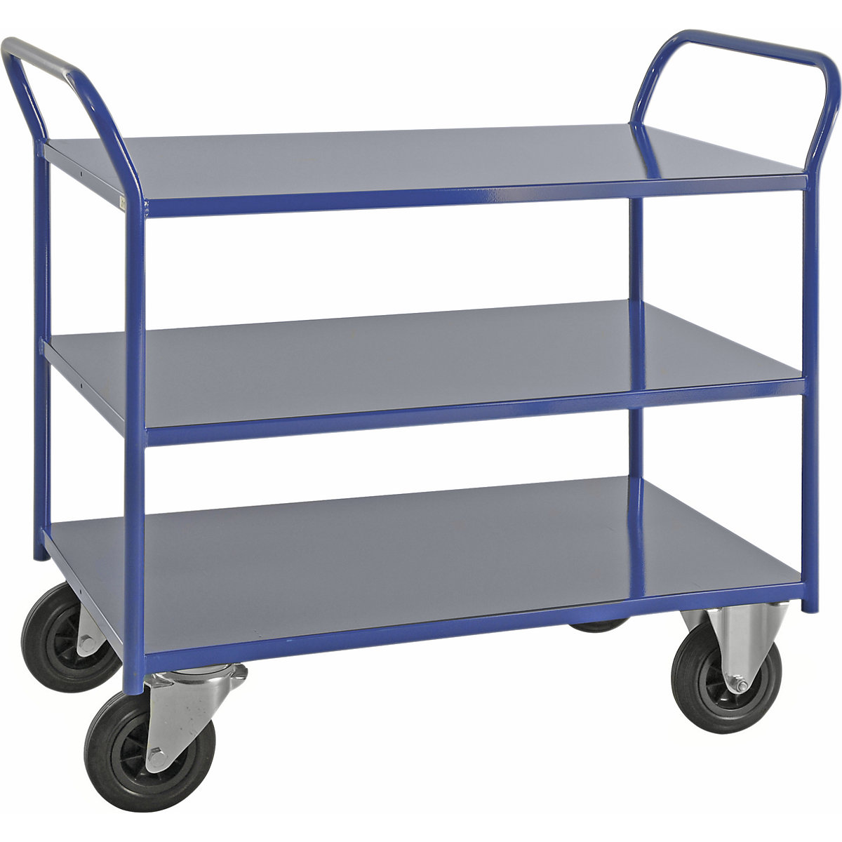 KM41 table trolley – Kongamek, 3 shelves, LxWxH 1080 x 450 x 975 mm, blue, 2 swivel castors and 2 fixed castors, 5+ items-8