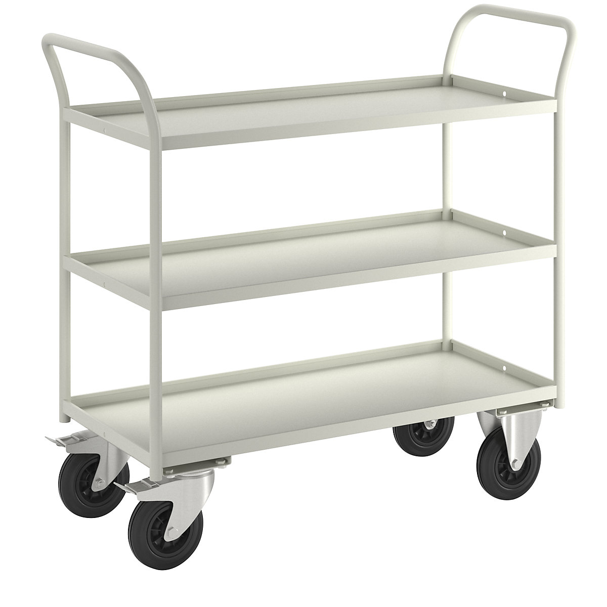 KM41 table trolley – Kongamek, 3 shelves with raised edges, LxWxH 1080 x 450 x 1000 mm, white, 2 swivel castors with stops, 2 fixed castors-3