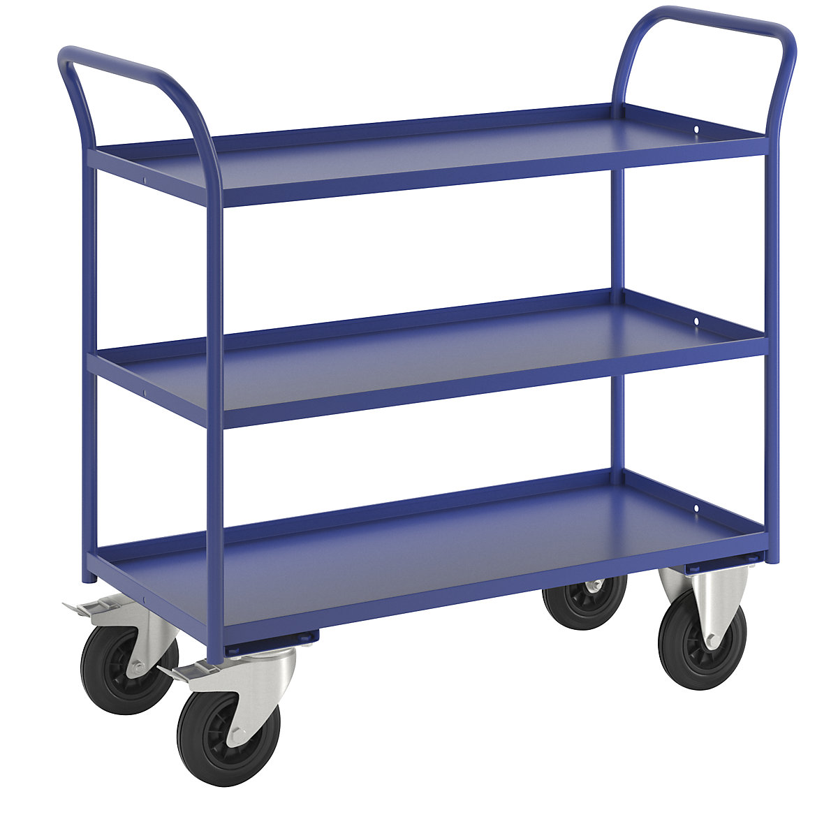 KM41 table trolley – Kongamek, 3 shelves with raised edges, LxWxH 1080 x 450 x 1000 mm, blue, 2 swivel castors with stops, 2 fixed castors-8