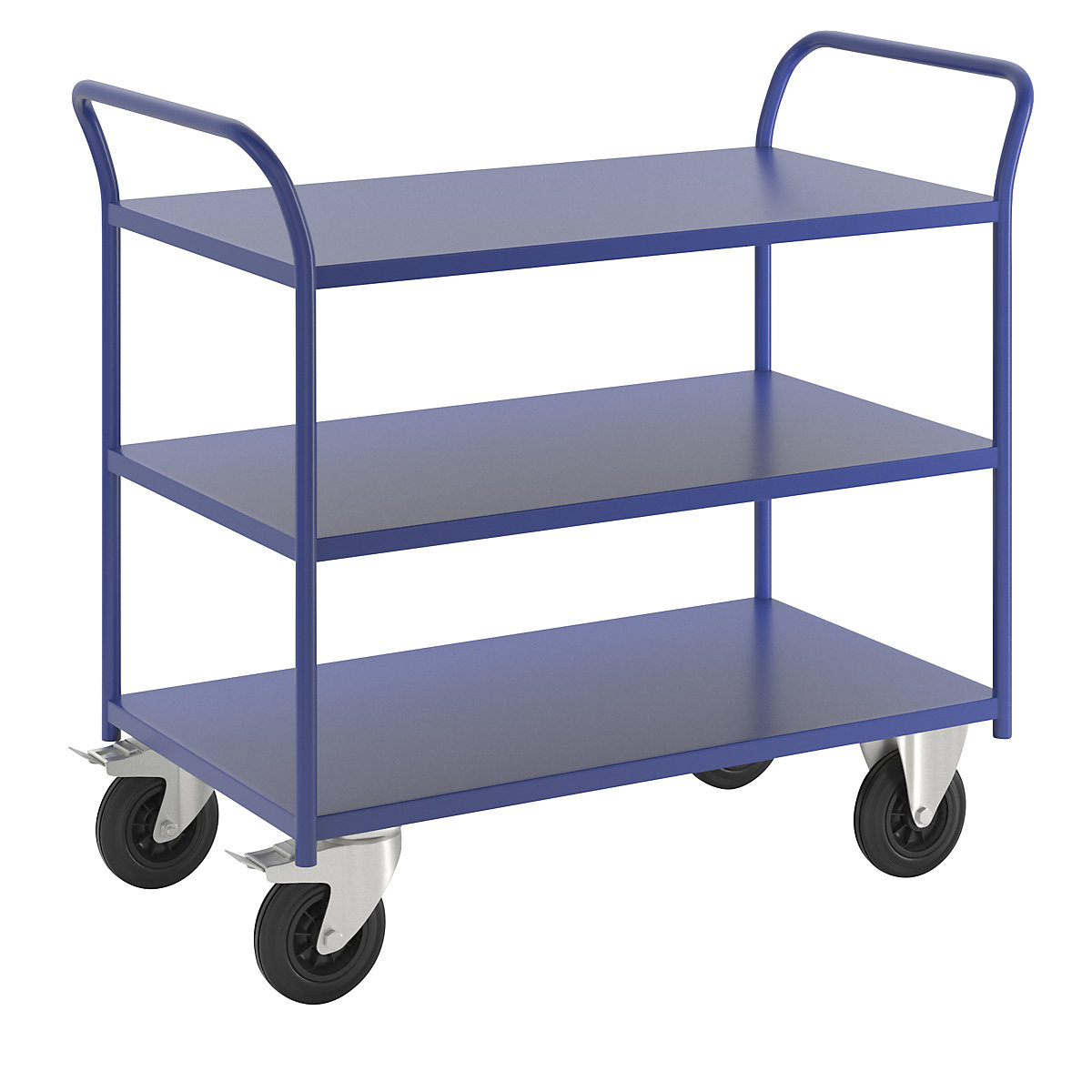 KM41 table trolley – Kongamek, 3 shelves, LxWxH 1070 x 550 x 975 mm, blue, 2 swivel castors with stops, 2 fixed castors-3