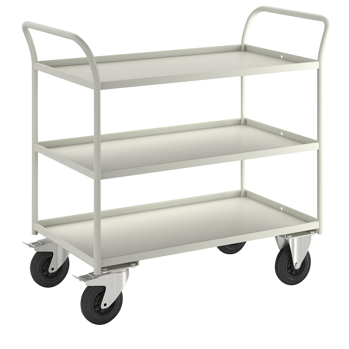 KM41 table trolley – Kongamek, 3 shelves with raised edges, LxWxH 1070 x 550 x 1000 mm, white, 2 swivel castors with stops, 2 fixed castors-7