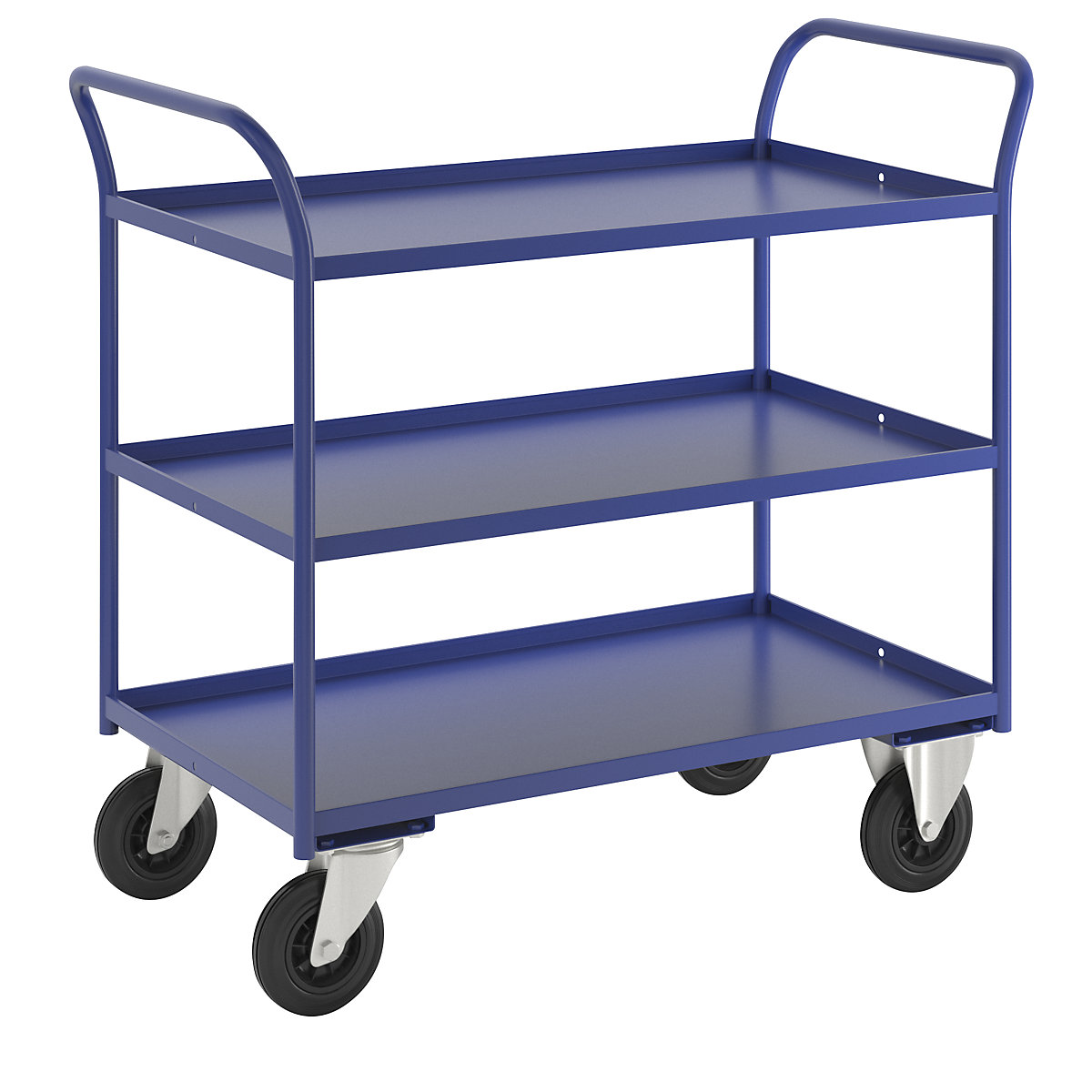 KM41 table trolley – Kongamek, 3 shelves with raised edges, LxWxH 1070 x 550 x 1000 mm, blue, 2 swivel castors and 2 fixed castors-1