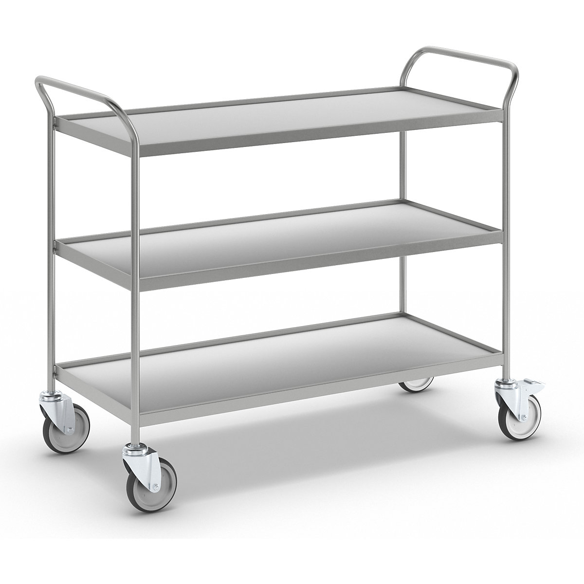 Serving trolley – eurokraft pro, 3 shelves in grey, with 4 swivel castors, 2 with double stops-1
