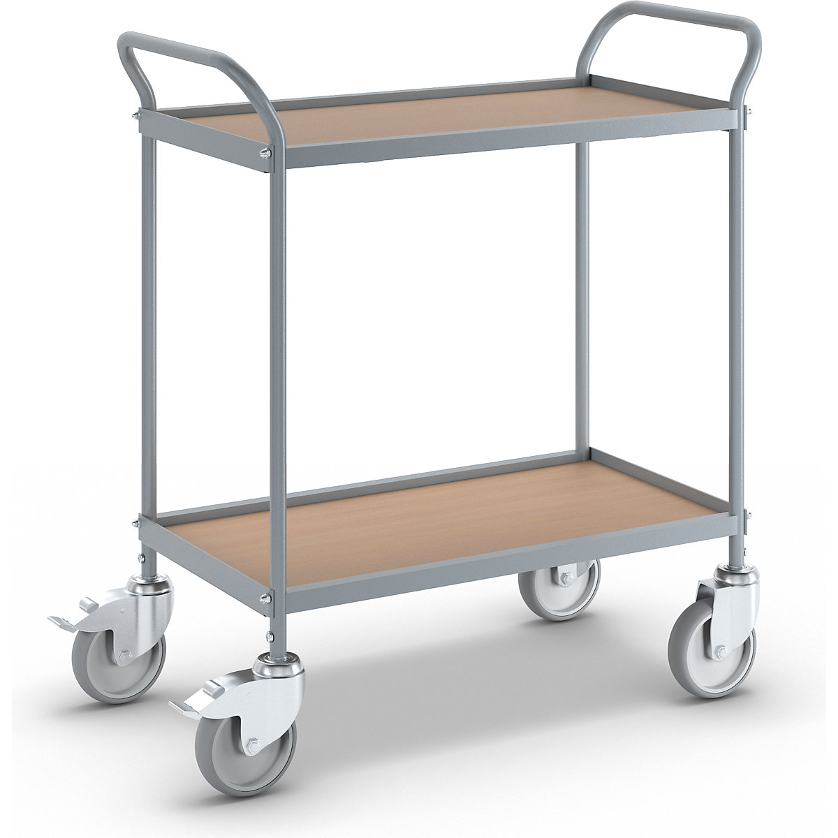 Serving trolley – eurokraft pro, shelf height 530 mm, 2 shelves, with 4 swivel castors, 2 with double stops, wheel Ø 125 mm-1