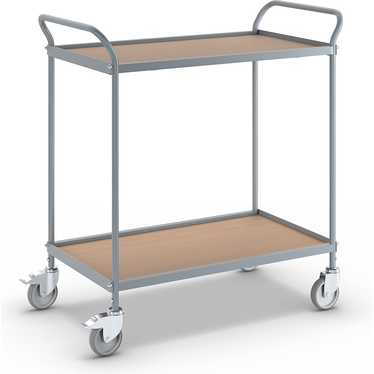 Serving trolley – eurokraft pro, shelf height 590 mm, 2 shelves, with 4 swivel castors, 2 with double stops, wheel Ø 100 mm-3