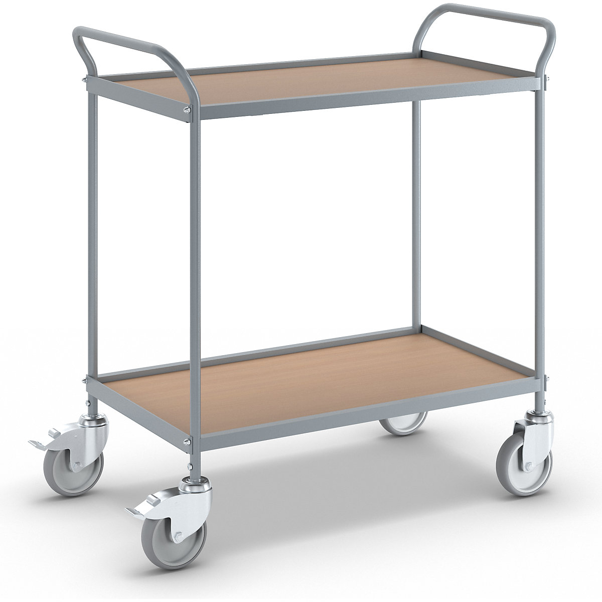 Serving trolley – eurokraft pro, shelf height 590 mm, 2 shelves, with 4 swivel castors, 2 with double stops, wheel Ø 125 mm-2