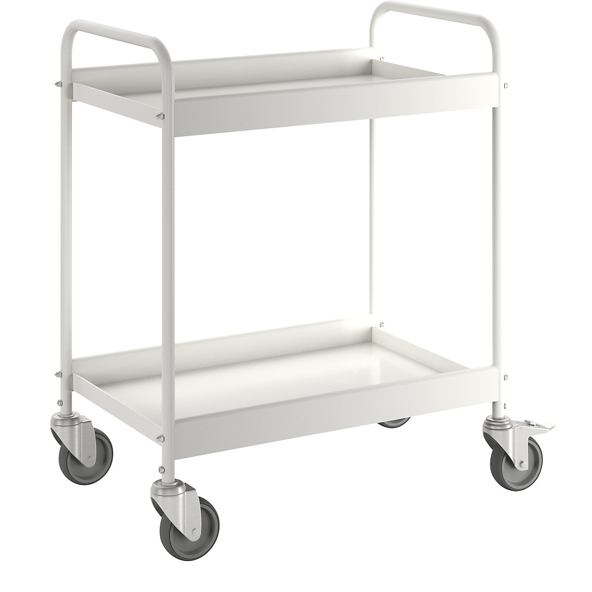 Table trolley, powder coated tubular steel, max. load 40 kg, 2 shelves, pure white RAL 9010, 4 swivel castors, 2 with double stops-3