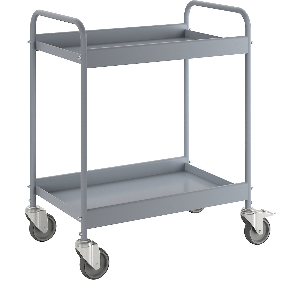 Table trolley, powder coated tubular steel, max. load 40 kg, 2 shelves, silver grey RAL 7001, 4 swivel castors, 2 with double stops-1