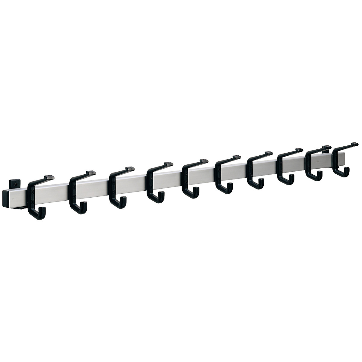 Wieszak ścienny na ubrania, aluminium, rozstaw wieszaków 100 mm, aluminium/czarny, 1000 mm, 10 wieszaków-0