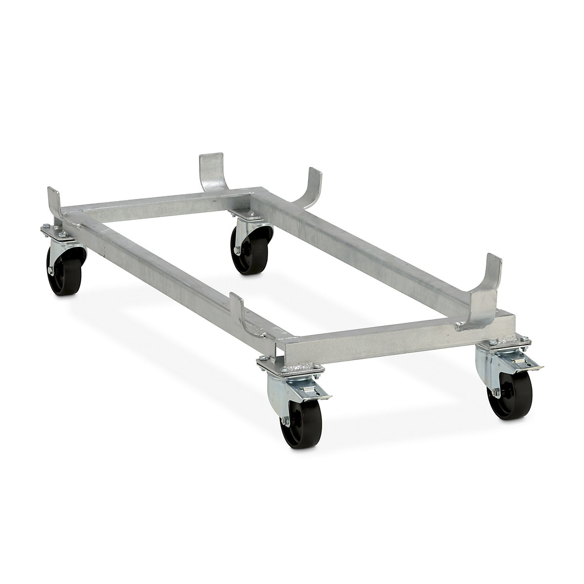 Podwozie do prostokątnego pojemnika z tworzywa wzmocnionego włóknem szklanym – CEMO, rolki z polipropylenu, czarne, do dł. x szer. 1218 x 620 mm, Ø koła 100 mm-0