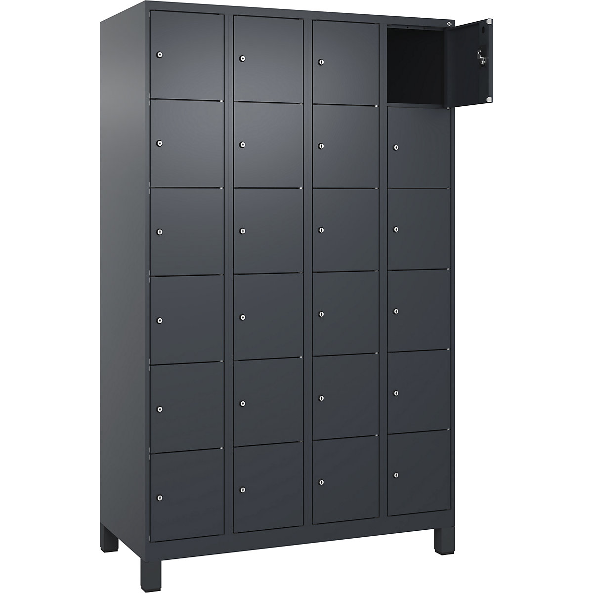Szafka ze schowkami Evolo PLUS, 6 schowków na przedział, 4 przedziały, szara, szer. 1200 mm, 24 schowki, z szerokimi nóżkami, zamek bębenkowy-0