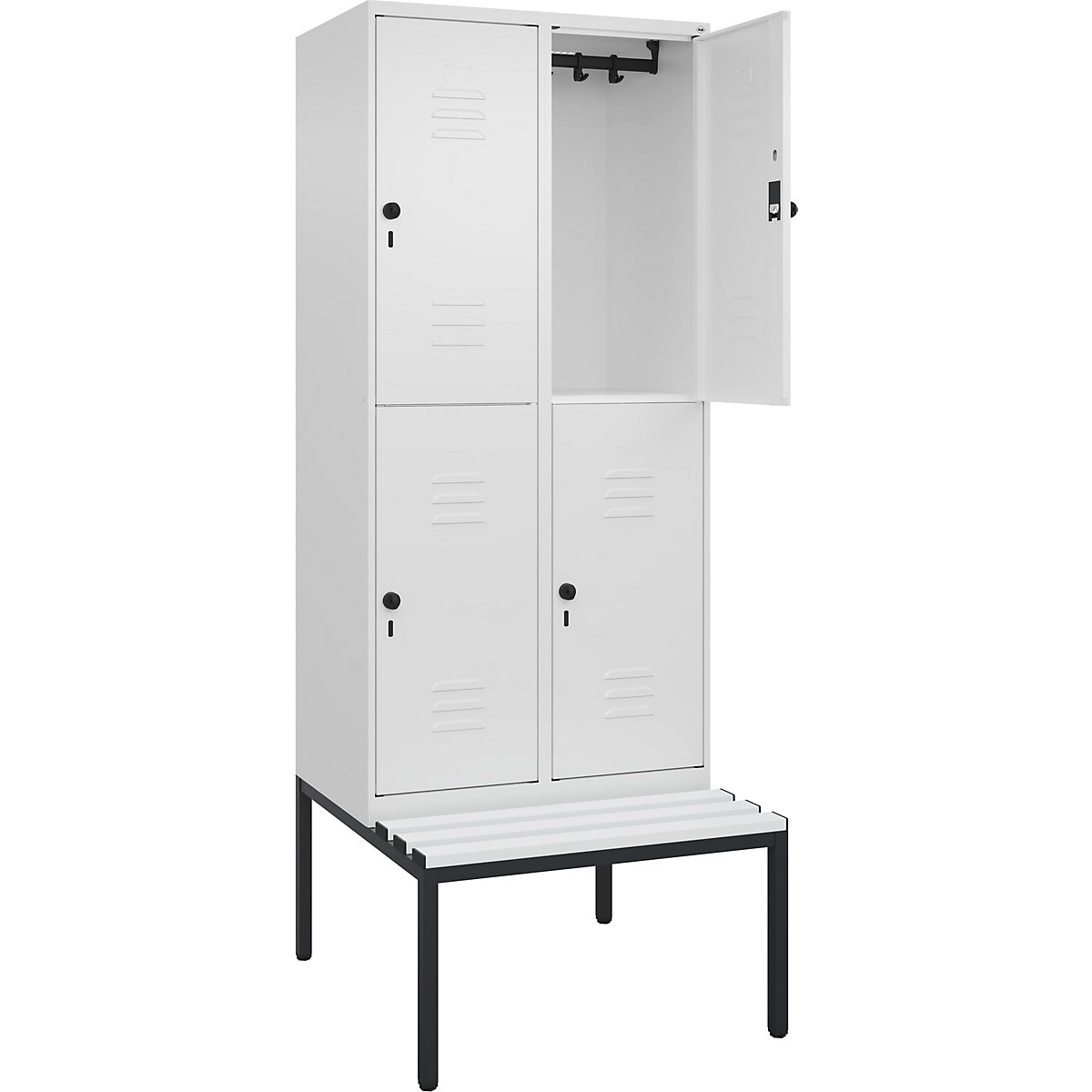 Dwupoziomowa szafka Classic PLUS na ławeczce – C+P, 2 przedziały, biały drogowy, szer. 800 mm, zabezpieczający rygiel obrotowy, ławeczka na nogach, tworzywo-0