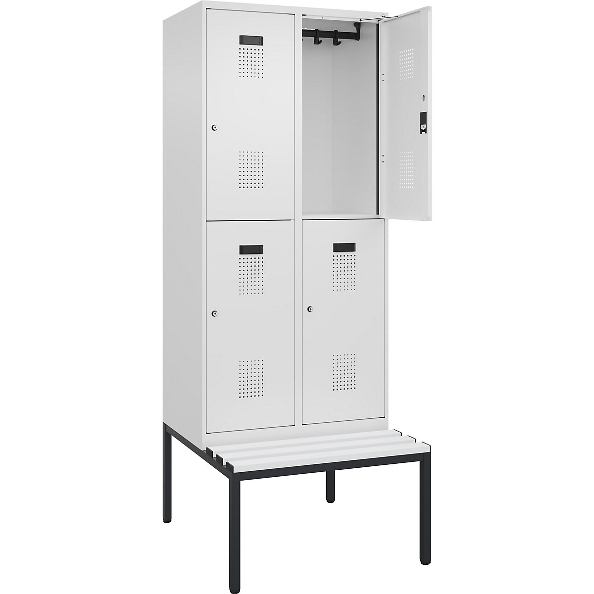 Dwupoziomowa szafka Evolo PLUS na ławeczce, 2 przedziały, biała, szer. 800 mm, zamek bębenkowy, z ławeczką na nogach, tworzywo-0