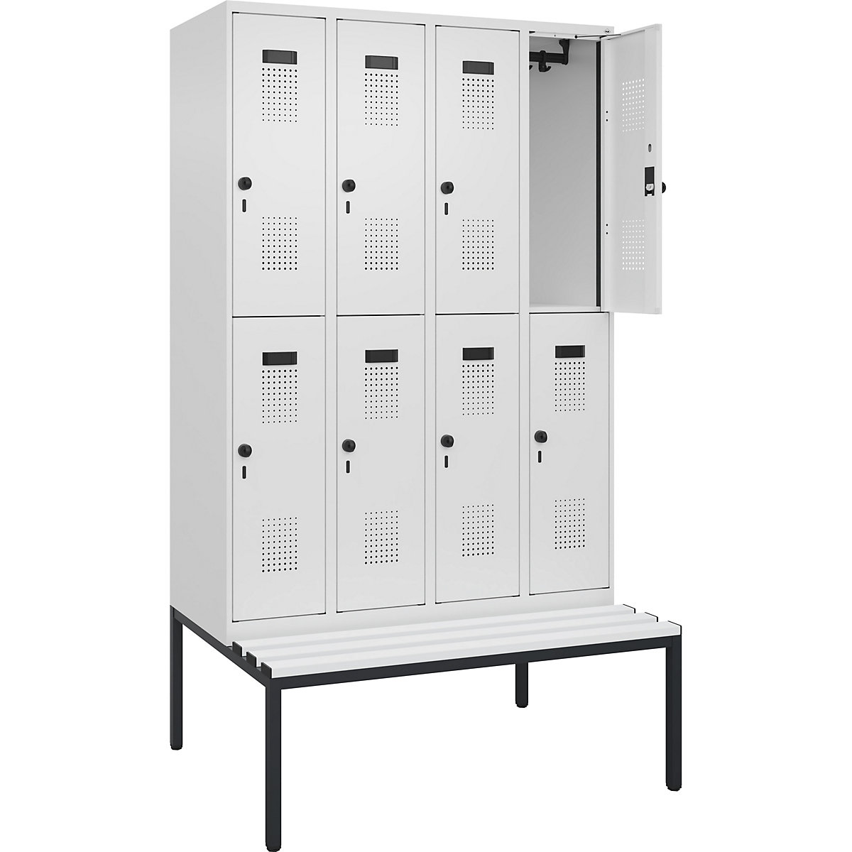 Dwupoziomowa szafka Evolo PLUS na ławeczce, 4 przedziały, biała, szer. 1200 mm, zabezpieczający rygiel obrotowy, z ławeczką na nogach, tworzywo-0