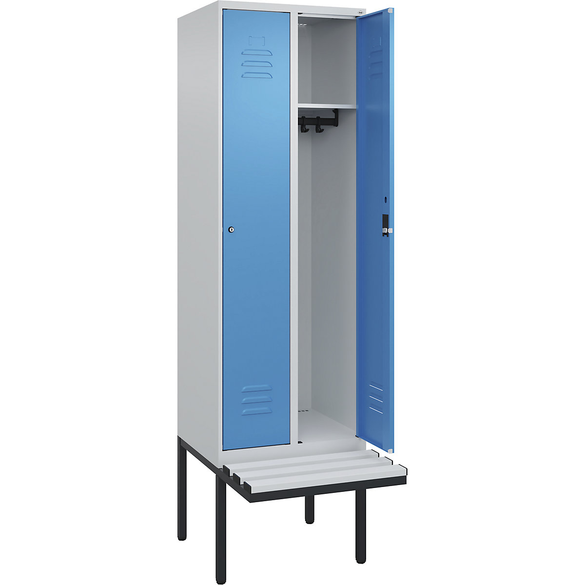Szafka Classic PLUS na ławeczce – C+P, 2 przedziały, jasnoszara / jasnoniebieska, szer. 600 mm, zamek bębenkowy, ławeczka na wsporniku, tworzywo-0