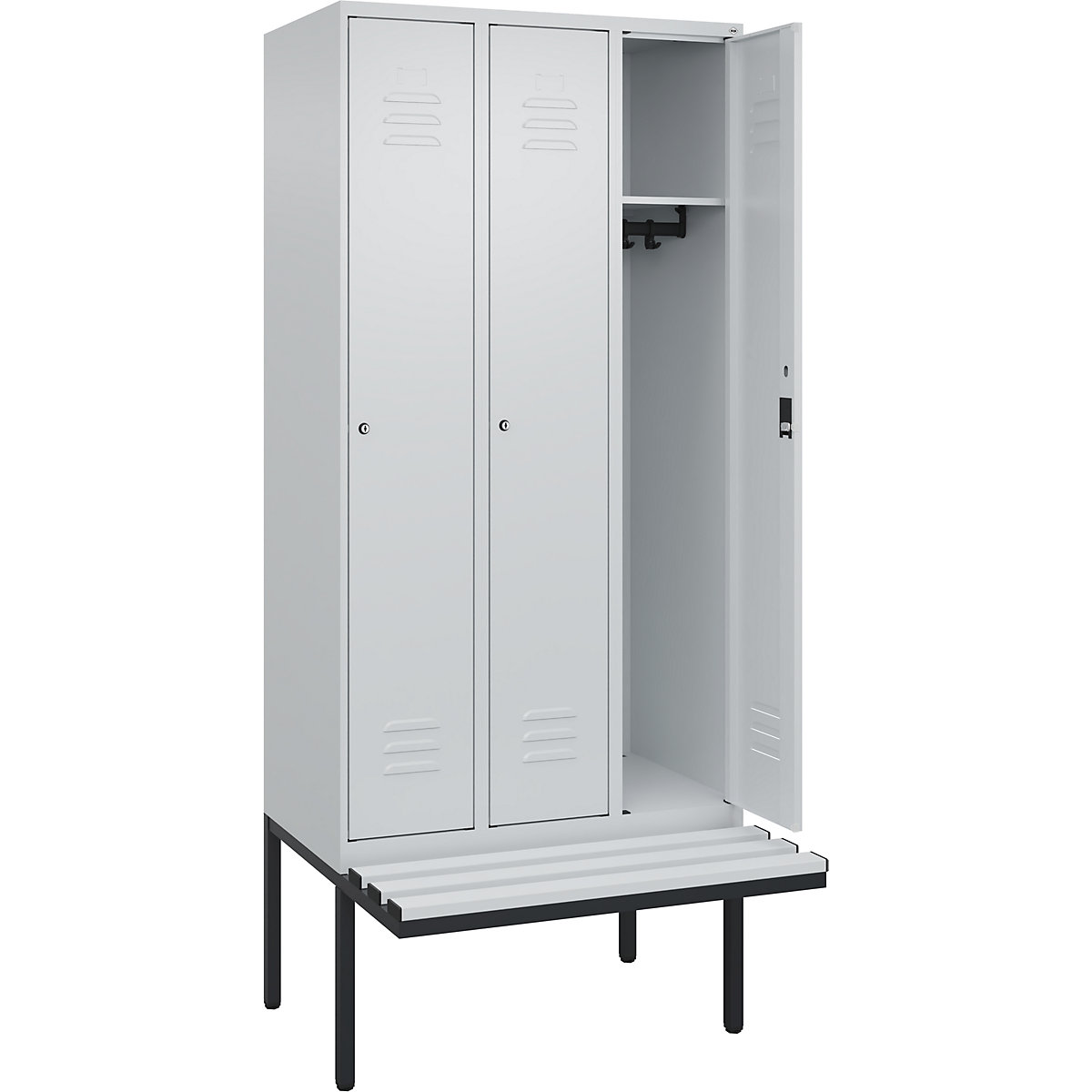 Szafka Classic PLUS na ławeczce – C+P, 3 przedziały, jasnoszara, szer. 900 mm, zamek bębenkowy, ławeczka na wsporniku, tworzywo-0