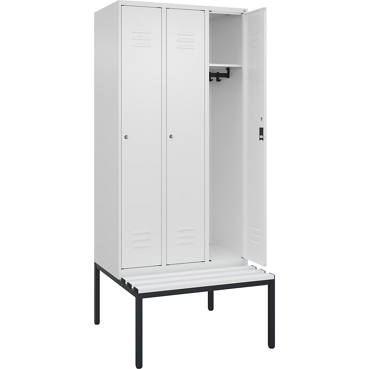 Szafka Classic PLUS na ławeczce – C+P, 3 przedziały, biały drogowy, szer. 900 mm, zamek bębenkowy, ławeczka na nogach, tworzywo-0