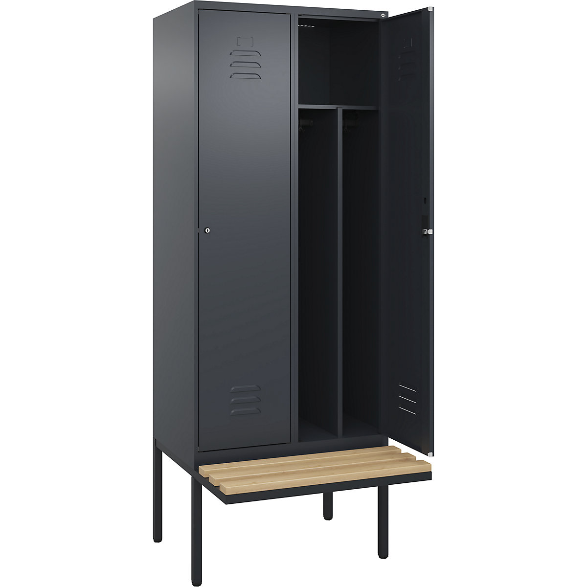 Szafka Classic PLUS na odzież prywatną i roboczą, na ławeczce, wąska – C+P, 2 przedziały, ścianka działowa skrócona, szara, szer. 800 mm, zamek bębenkowy, ławeczka na wsporniku, twarde drewno bukowe-0