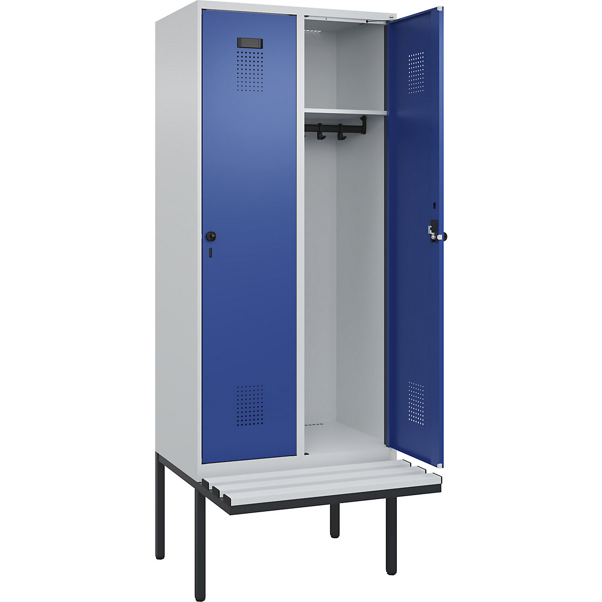 Szafka Evolo PLUS na ławeczce, 2 przedziały, jasnoszara / niebieski gencjanowy, szer. 800 mm, zabezpieczający rygiel obrotowy, z ławeczką na wsporniku, tworzywo-0