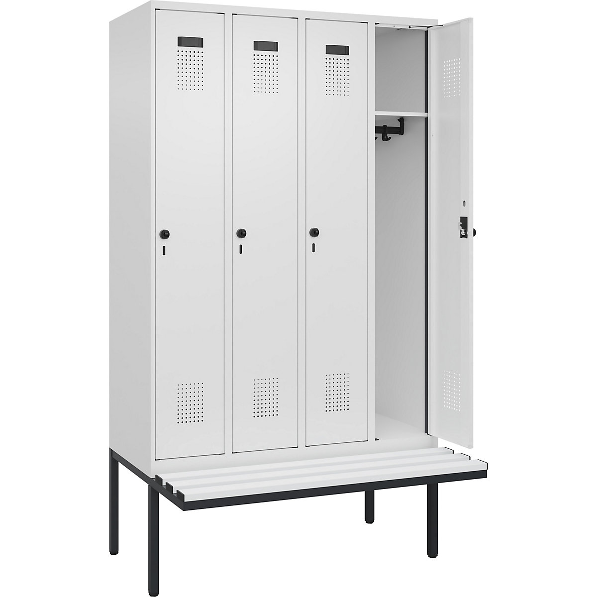 Szafka Evolo PLUS na ławeczce, 4 przedziały, biała, szer. 1200 mm, zabezpieczający rygiel obrotowy, z ławeczką na wsporniku, tworzywo-0
