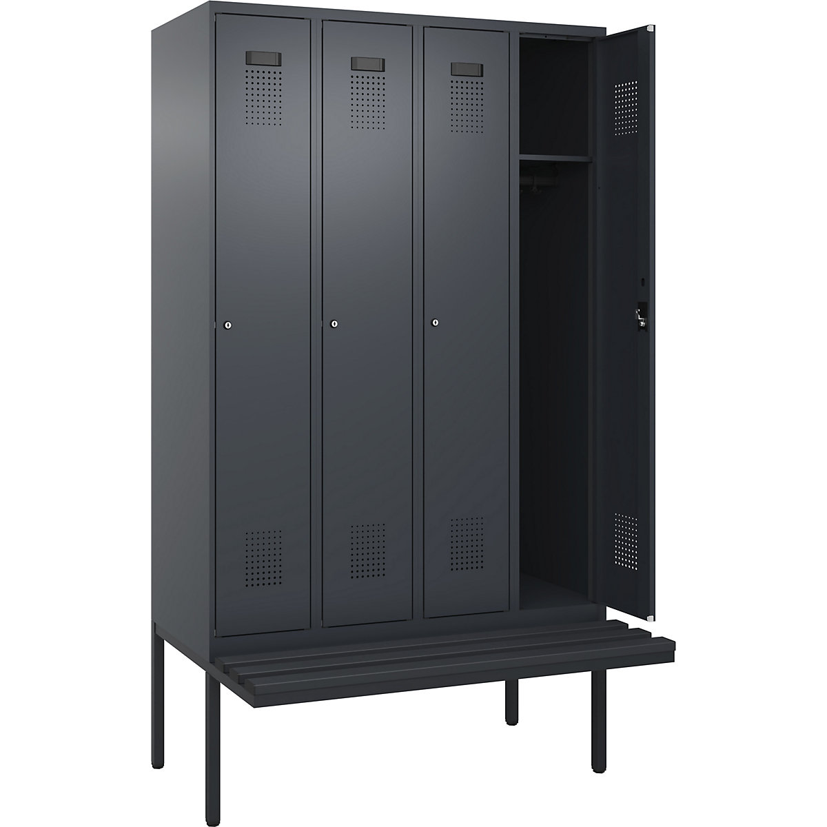 Szafka Evolo PLUS na ławeczce, 4 przedziały, szara, szer. 1200 mm, zamek bębenkowy, z ławeczką na wsporniku, tworzywo-0