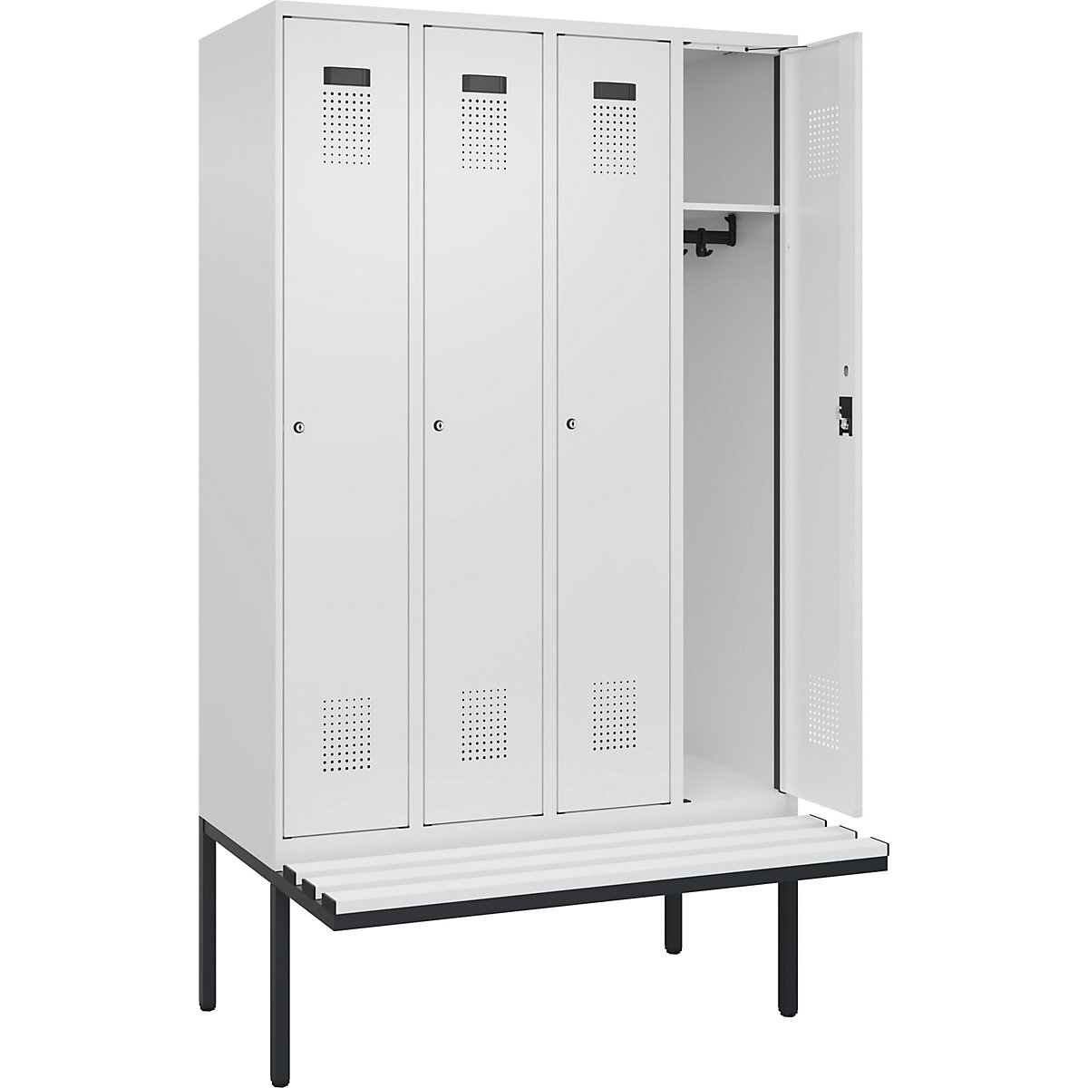 Szafka Evolo PLUS na ławeczce, 4 przedziały, biała, szer. 1200 mm, zamek bębenkowy, z ławeczką na wsporniku, tworzywo-0