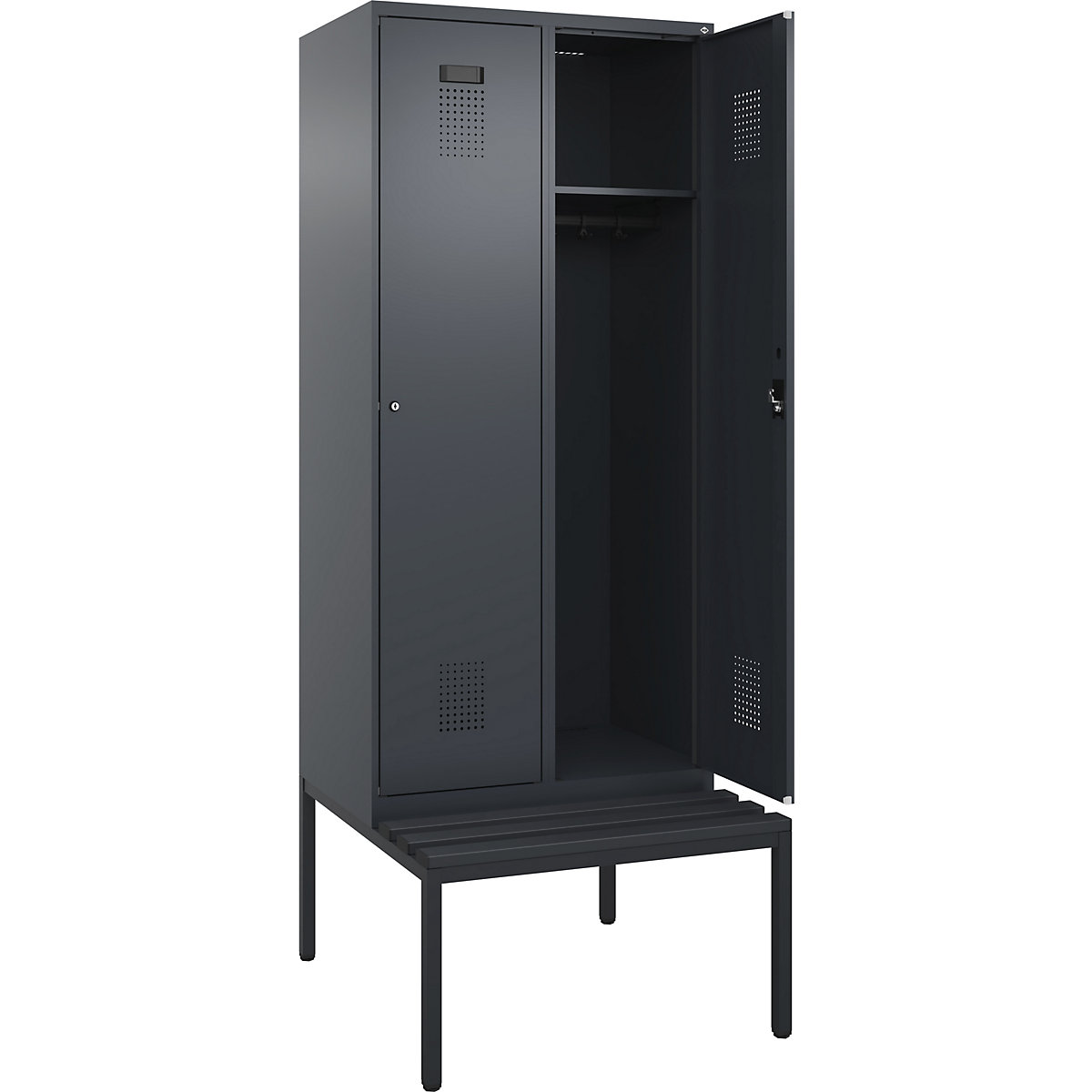 Szafka Evolo PLUS na ławeczce, 2 przedziały, szara, szer. 800 mm, zamek bębenkowy, z ławeczką na nogach, tworzywo-0