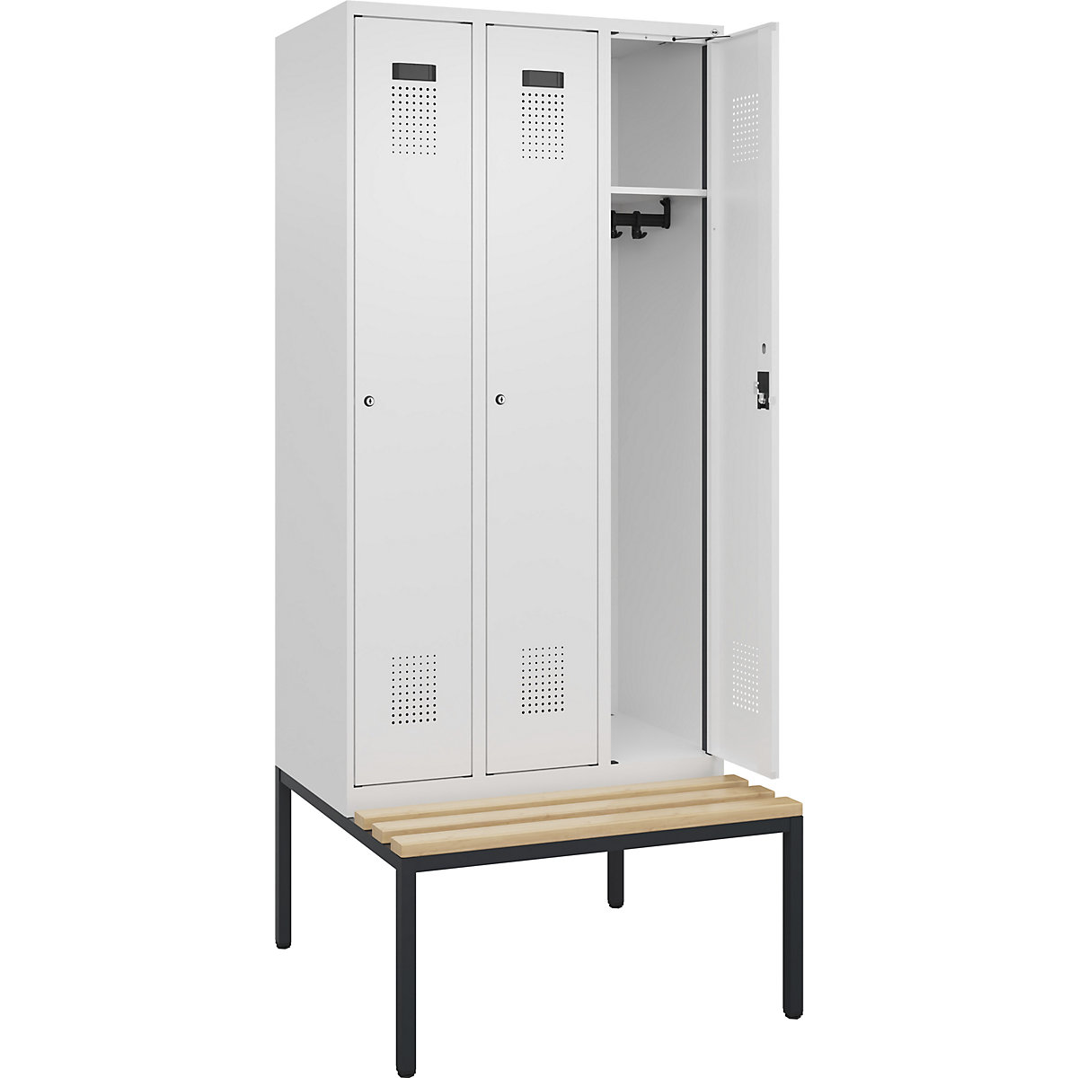 Szafka Evolo PLUS na ławeczce, 3 przedziały, biała, szer. 900 mm, zamek bębenkowy, z ławeczką na nogach, buk-0